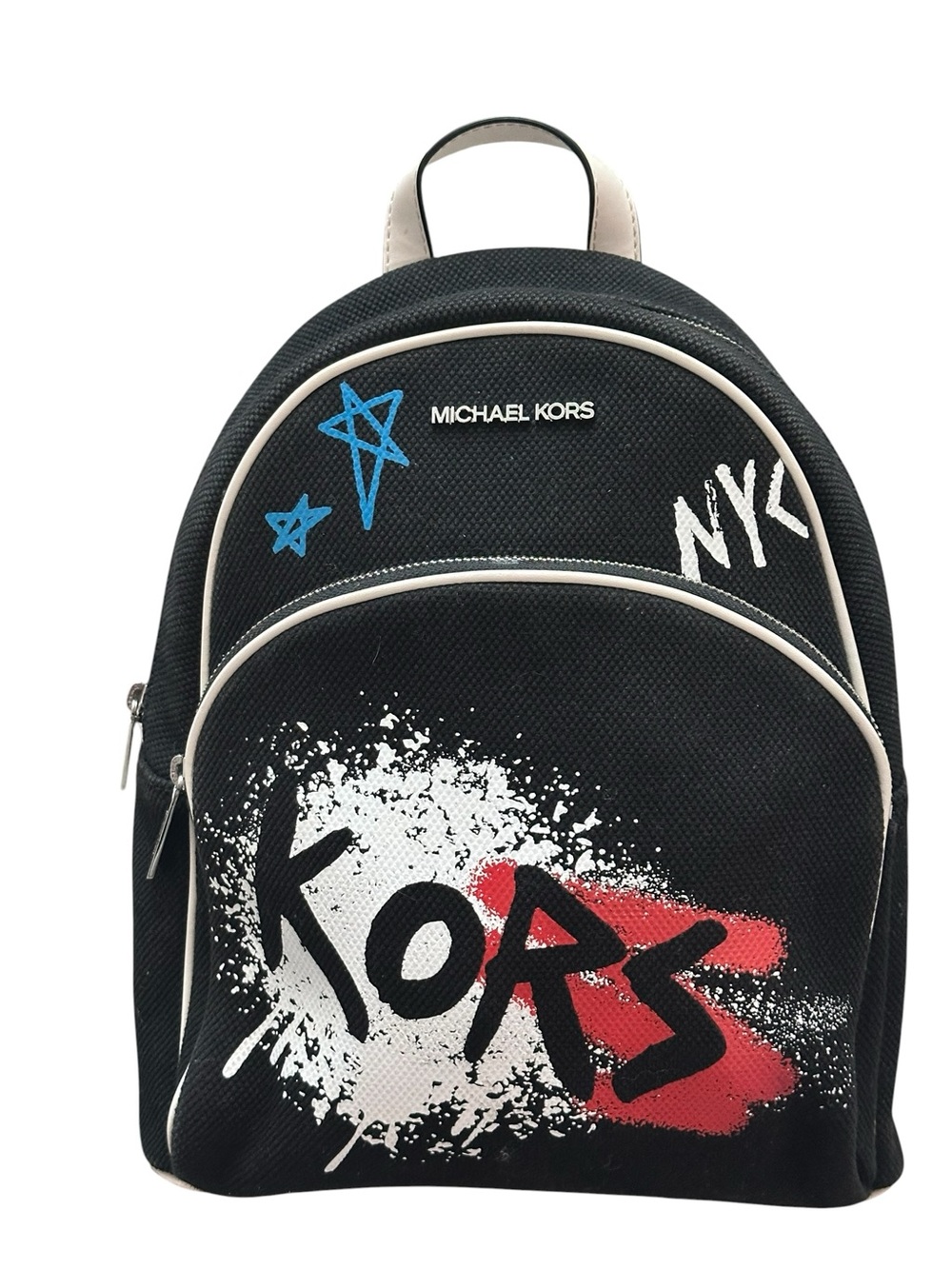 Michael Kors Abbey Small Graffiti Backpack Black White Canvas Logo Bookbag Bag - Picture 5 of 11
